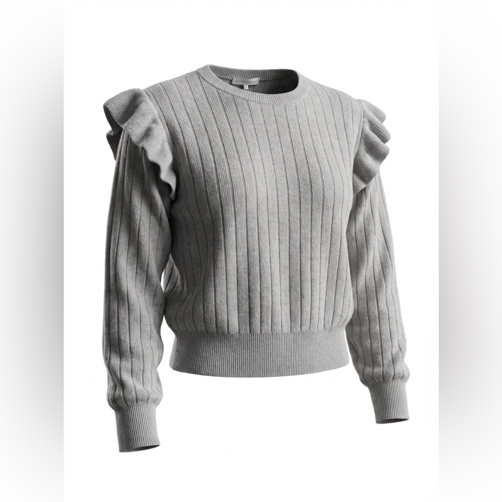 🧶 White‎ + Warren 100% Cashmere Ruffle Shoulder Ribbed Sweater Sz S 🧶